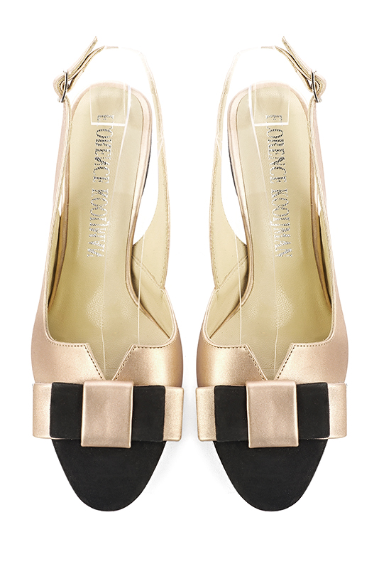 Matt black and gold women's open back shoes, with a knot. Round toe. Medium comma heels - Florence KOOIJMAN